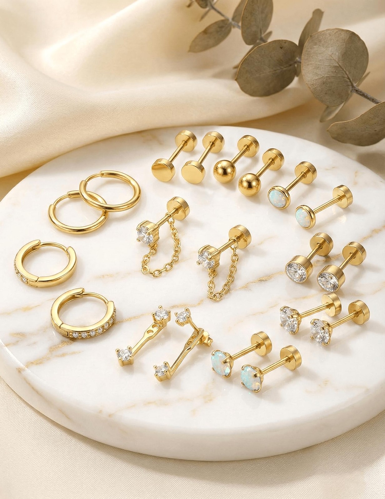 10 & 14 Pairs Hypoallergenic 14K Gold Plated Flat Back Earrings Hoops for Wom…