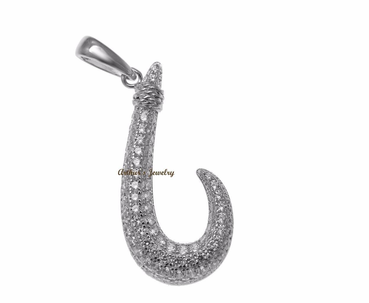 RHODIUM PLATED 925 STERLING SILVER HAWAIIAN FISH HOOK PENDANT CZ 15.30MM