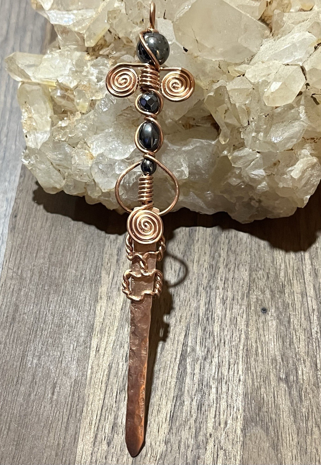 Artisan Copper Wire Wrapped Sword Pendant with Hematite Beads