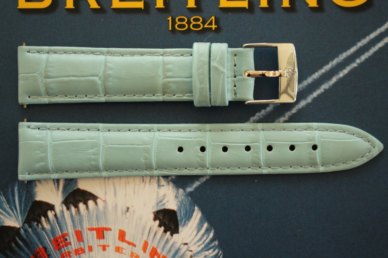 18-16 SKY BLUE CROCO CALF TONGUE BUCKLE WATCH BAND WATCHBAND STRAP FOR BREITLING
