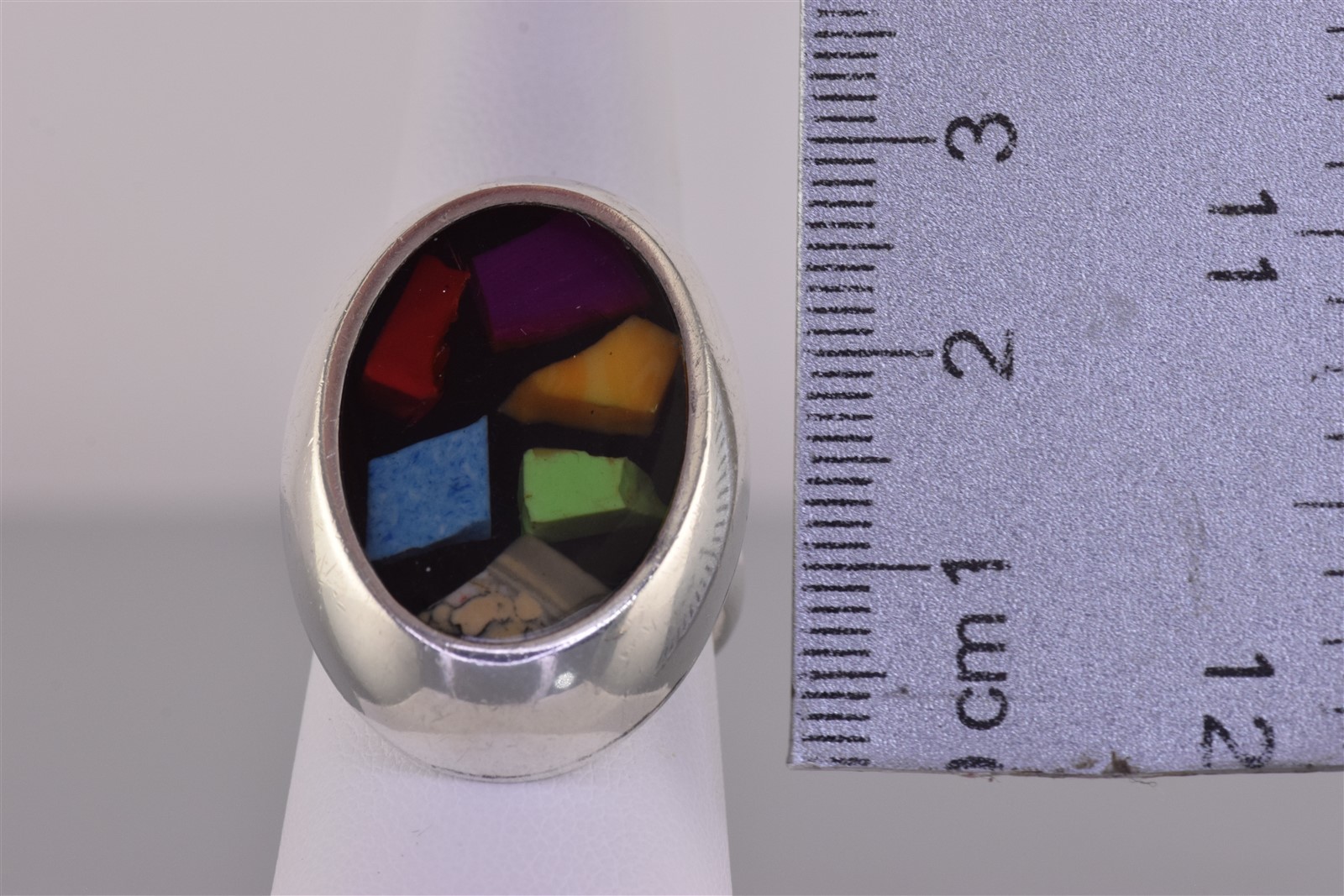 ATI Sterling Silver 30mm Oval Imbedded Mix Gemstone Band Ring 15g Mex 925 Sz: 8