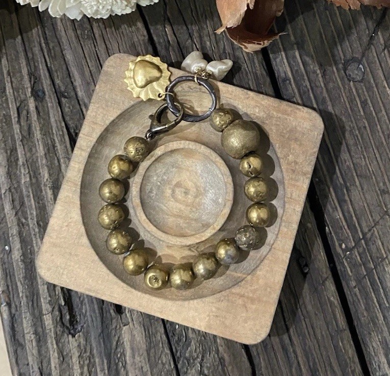 Druzy Agate & Baroque Pearl Antique Brass Bracelet with Flaming Heart Charm