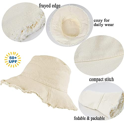 Frayed-Edge-Bucket-Hat-Summer Distressed-Beach-Sun-Hat-for Medium Cream Beige