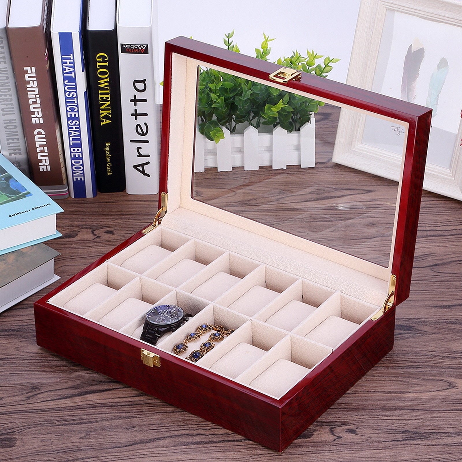 3/6/10/12 Slot Wooden Watch Box Glass Lid Jewelry Organizer Display Case Gift