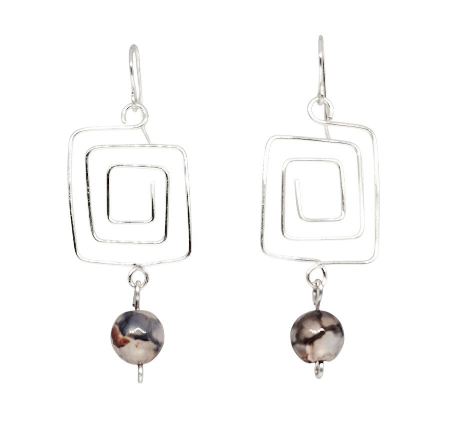 Handmade Black Snake Skin Agate Gemstone Earrings Silver Tone Geometric Dangle