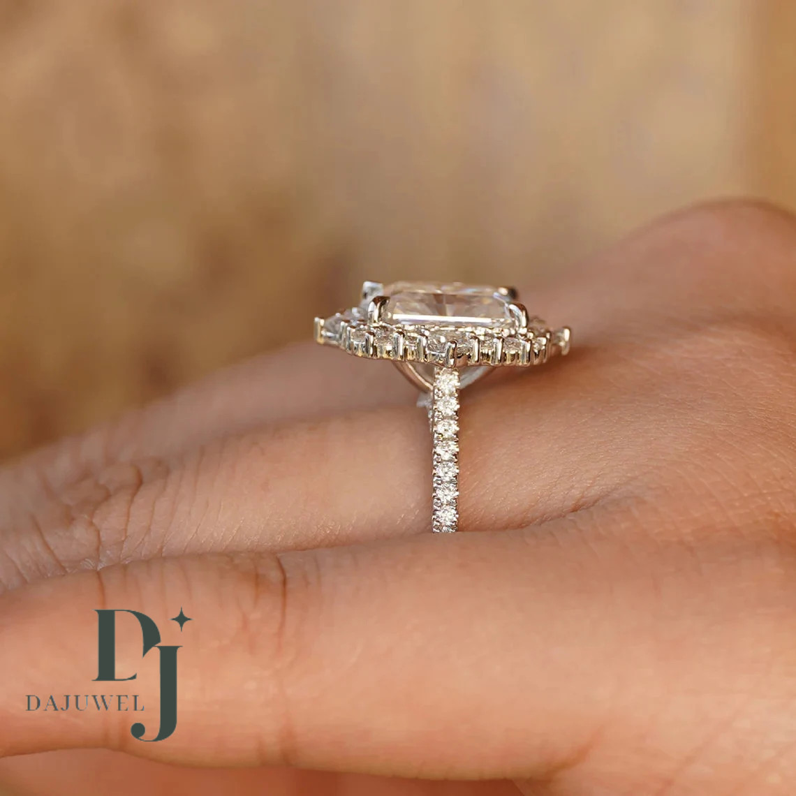 F/VVS1 Moissanite Halo Engagement Ring Solid 14K White Gold 2.50 CT Radiant Cut