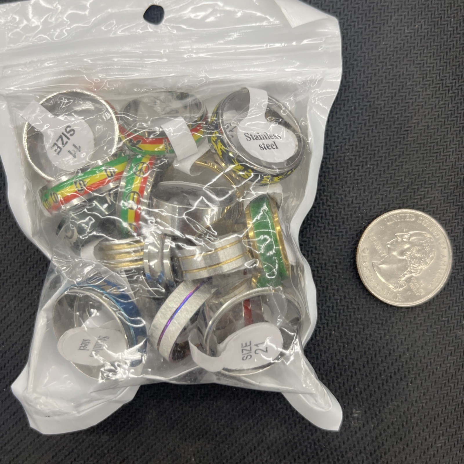 3 Oz Bag Of Silver Colored Rings Various Sizes And Designs 20pcs New 15 Mm- 19mm