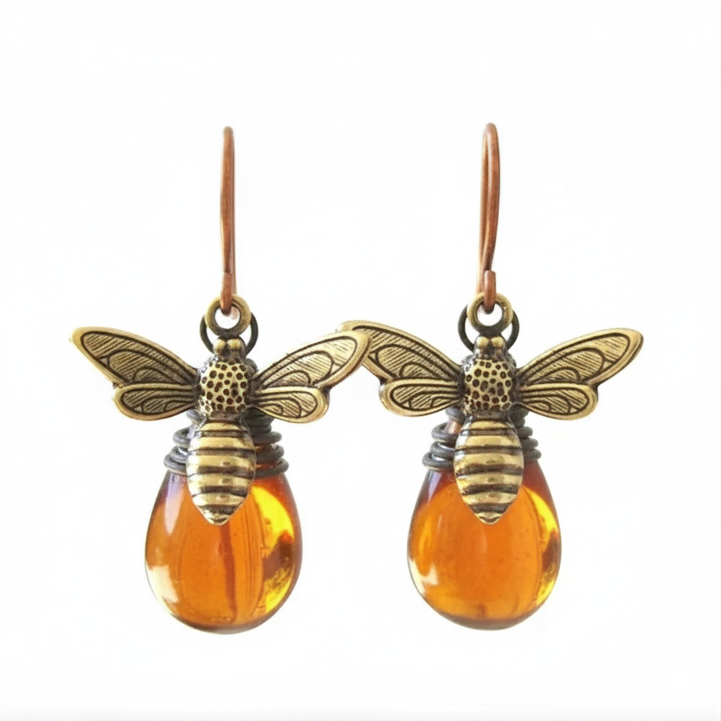 Vintage Bee Earrings Women Gold Amber Drop Dangle Boho Antique Style Gift