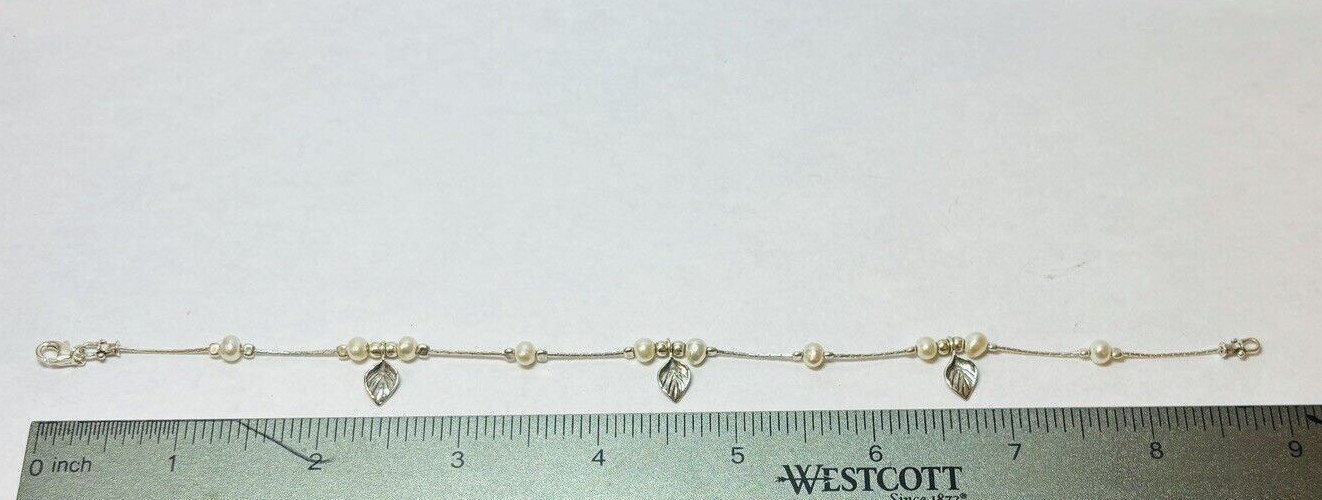 Or Paz Sterling 925 Silver Pearl Leaf Anklet Bracelet 9 in