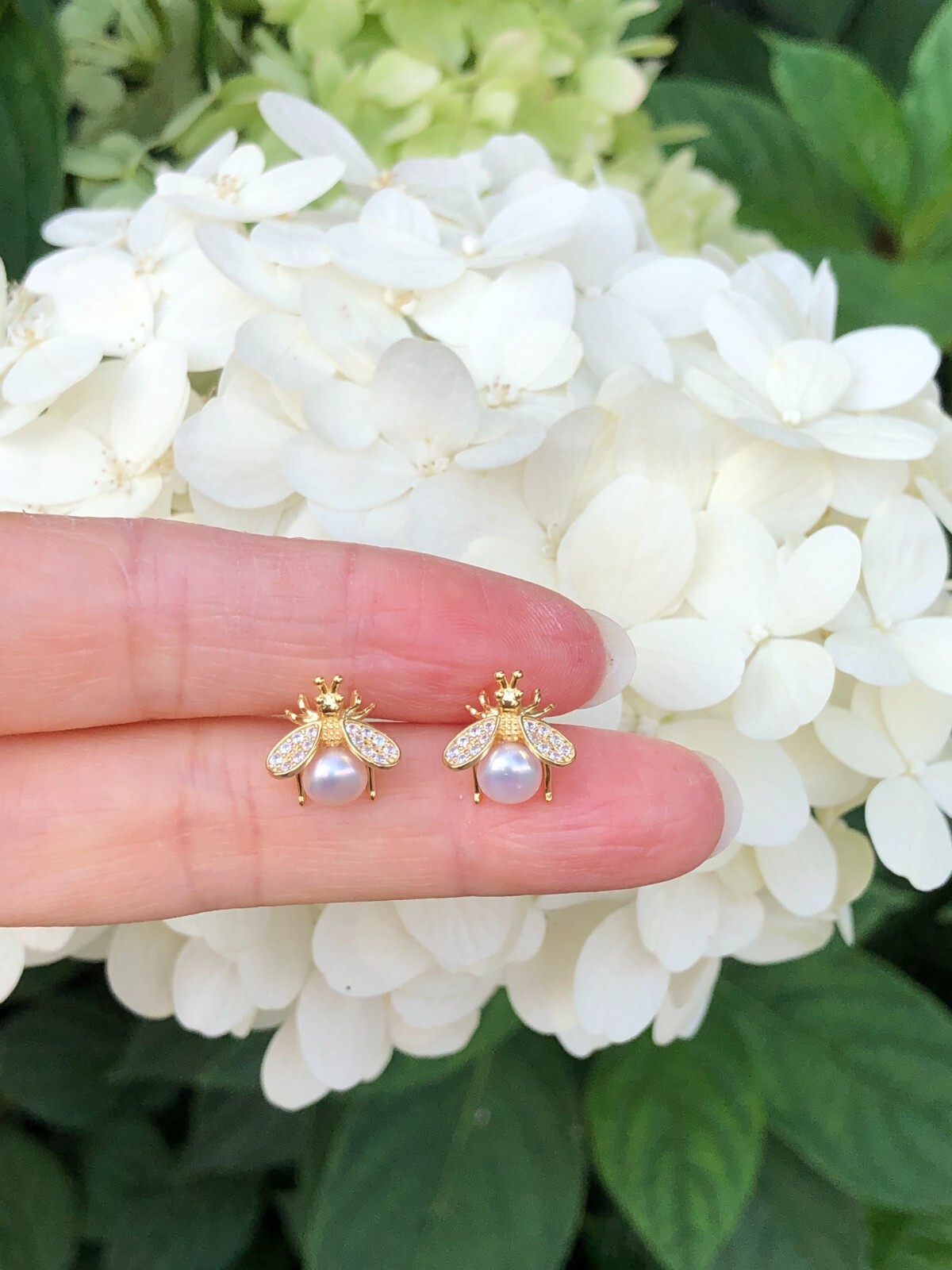 925 Sterling Silver CZ Pearl Bee Stud Earrings Women Girls Gold Studs 11mm