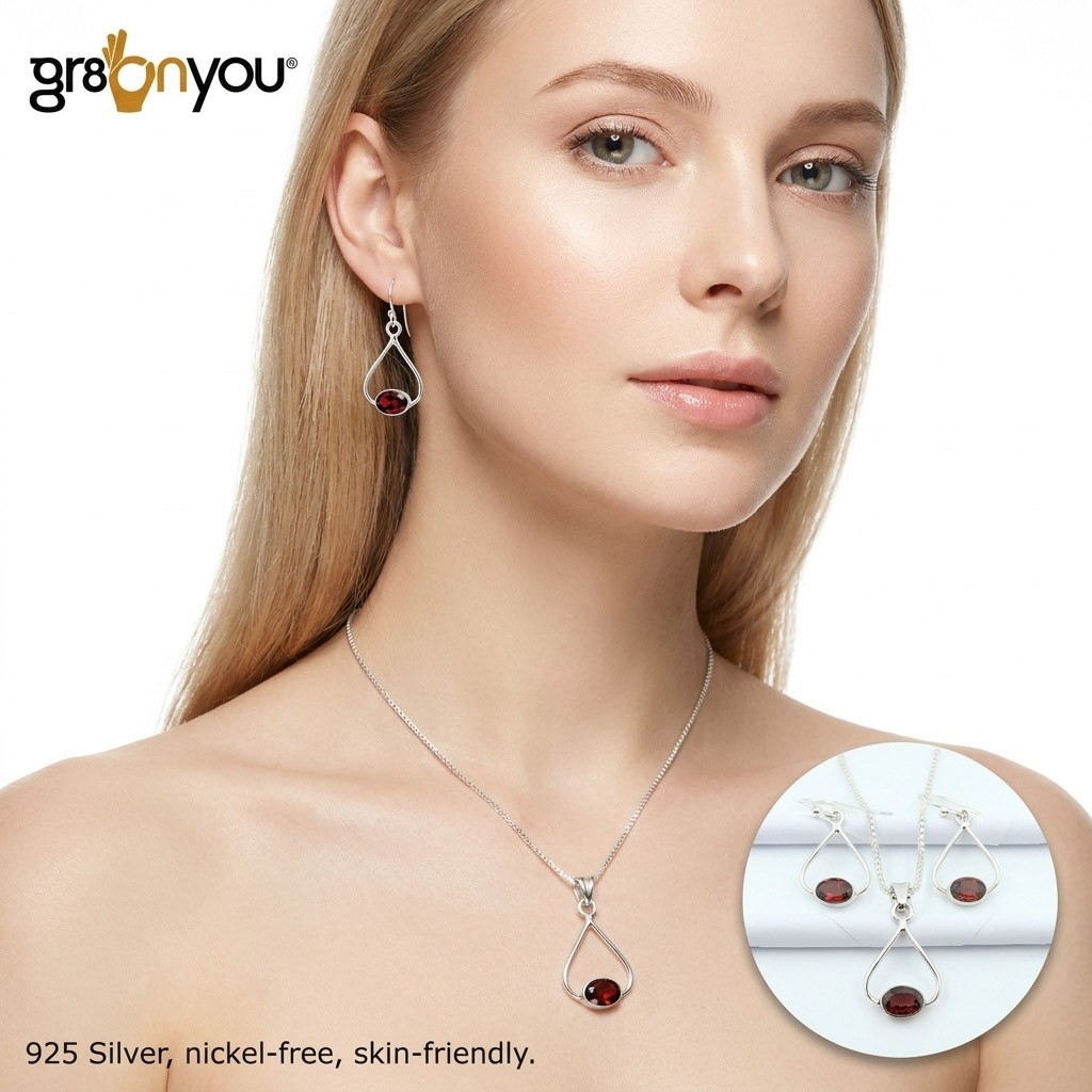 Free Silver Chain 925 Silver Rare GARNET Jewellery Set Style for Every Occasion