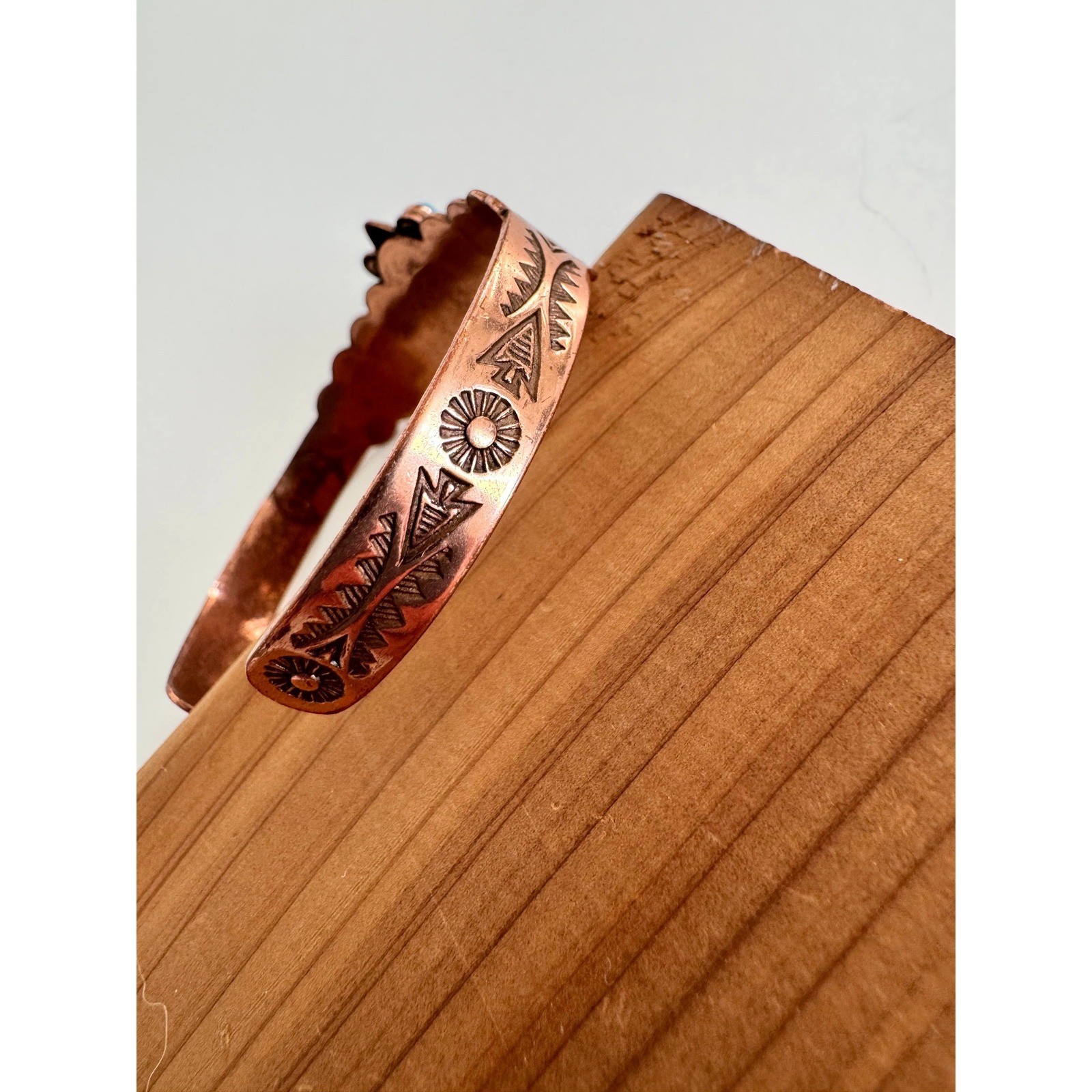 Vintage Solid Copper Faux Turquoise Cuff Bracelet Southwestern Stamped Design