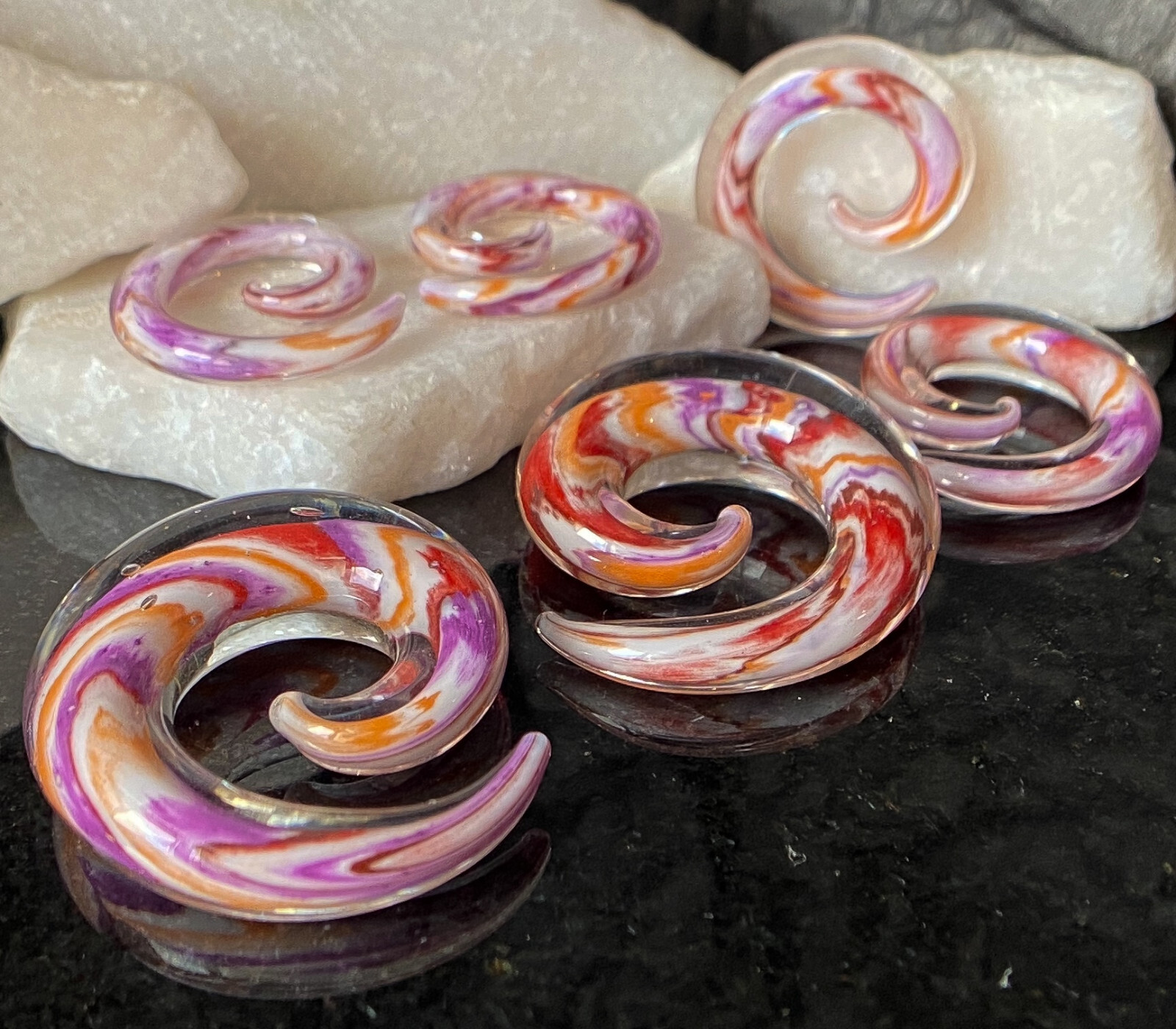 PAIR Multicolor Swirl Glass Spiral Tapers Expanders Plugs Gauges Body Jewelry
