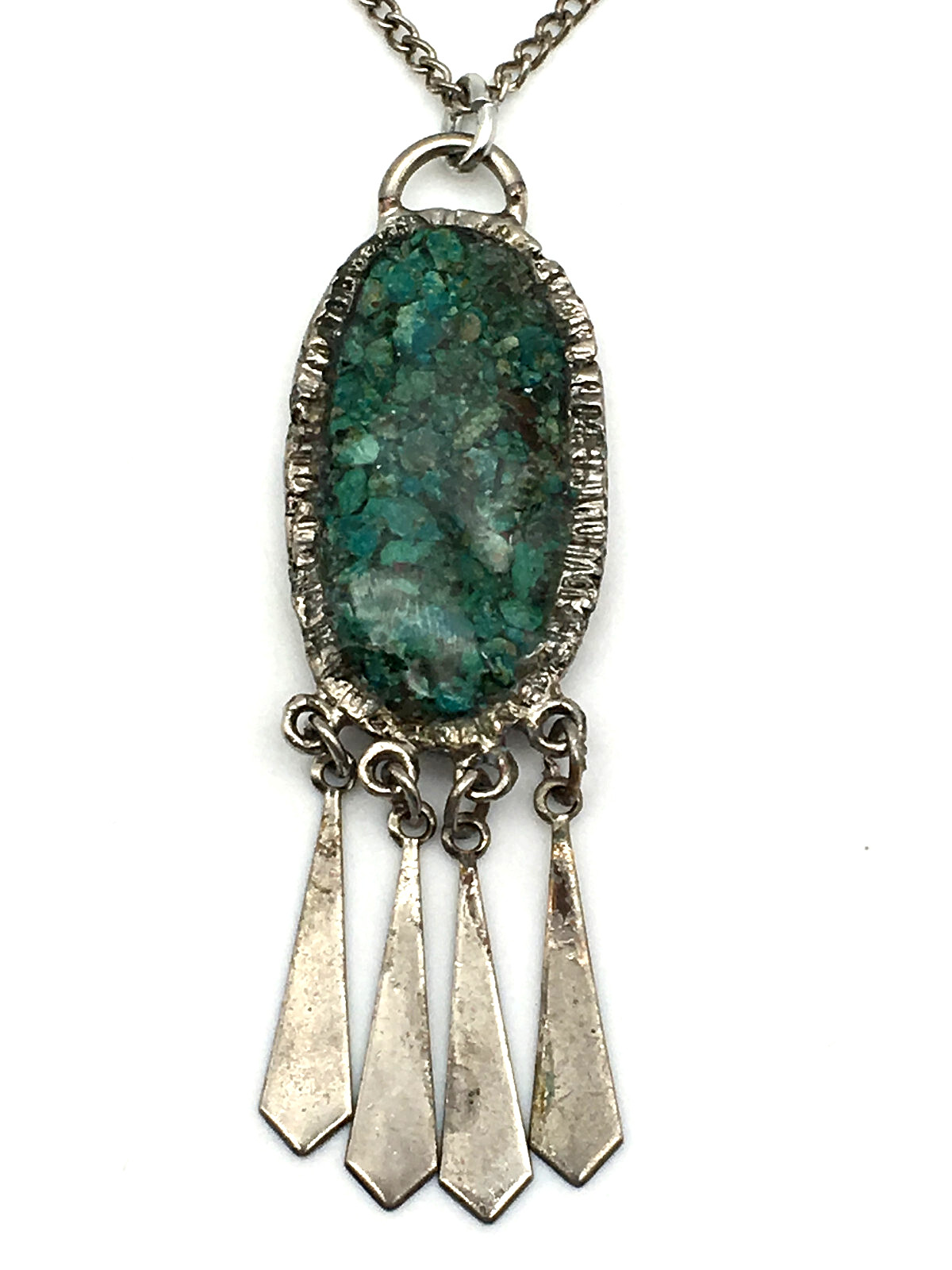 Handmade Nickle Silver Oval Pendant Turquoise Chips Dangling 18″ Chain Necklace