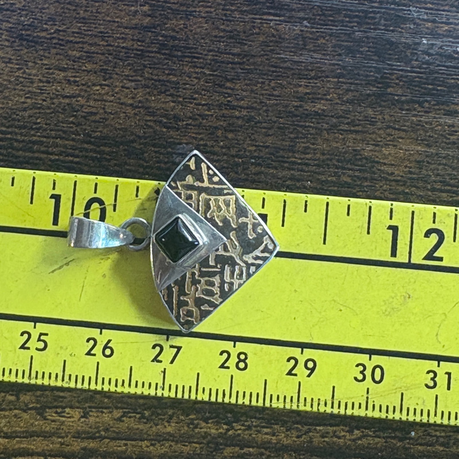 Black Onyx Black and Gold Painted Enamel Inlay Pendant 925 Sterling Silver 1.25″