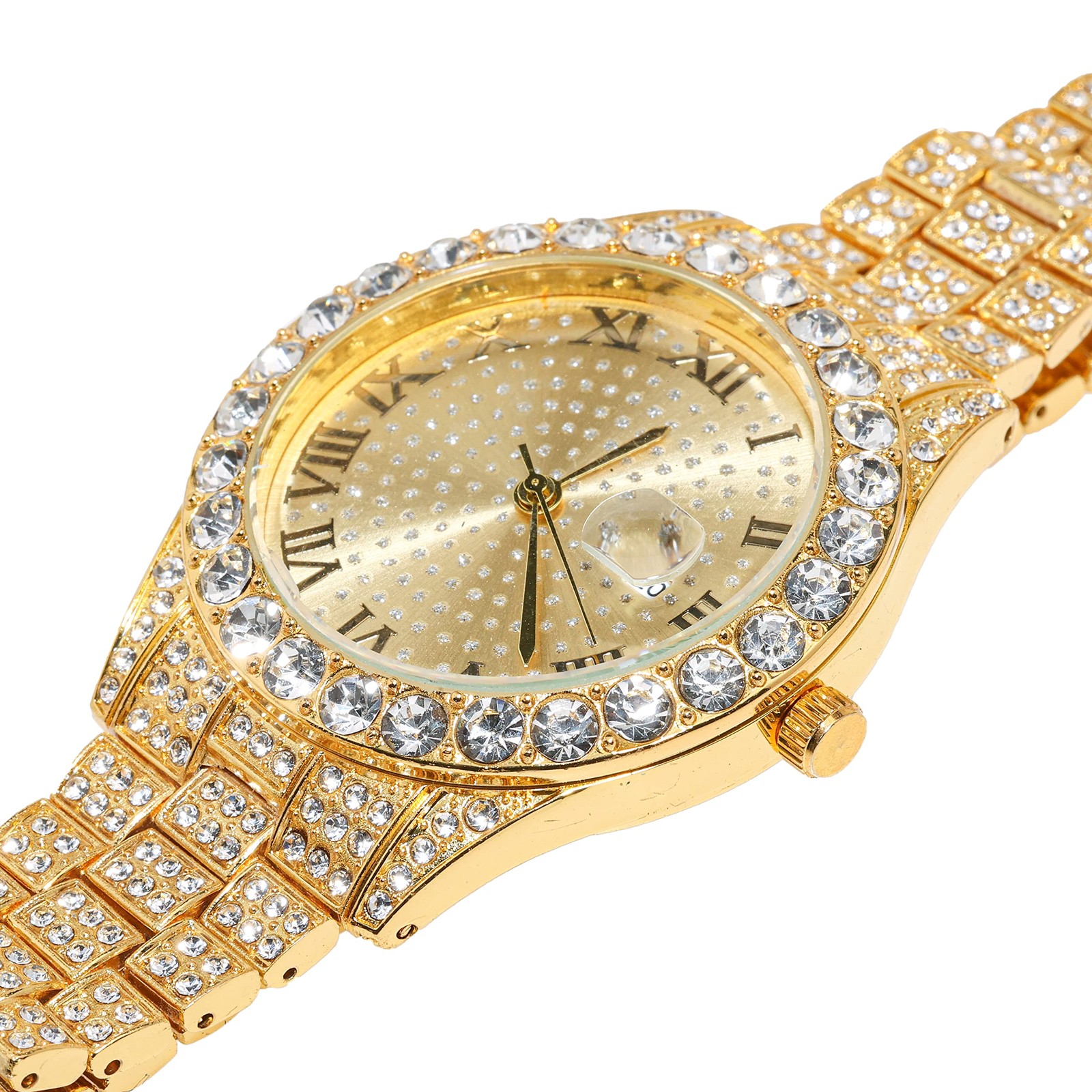 Men’s Gold Watch Diamond Iced Out Luxury 42MM Round Quartz Wristband Gift Box