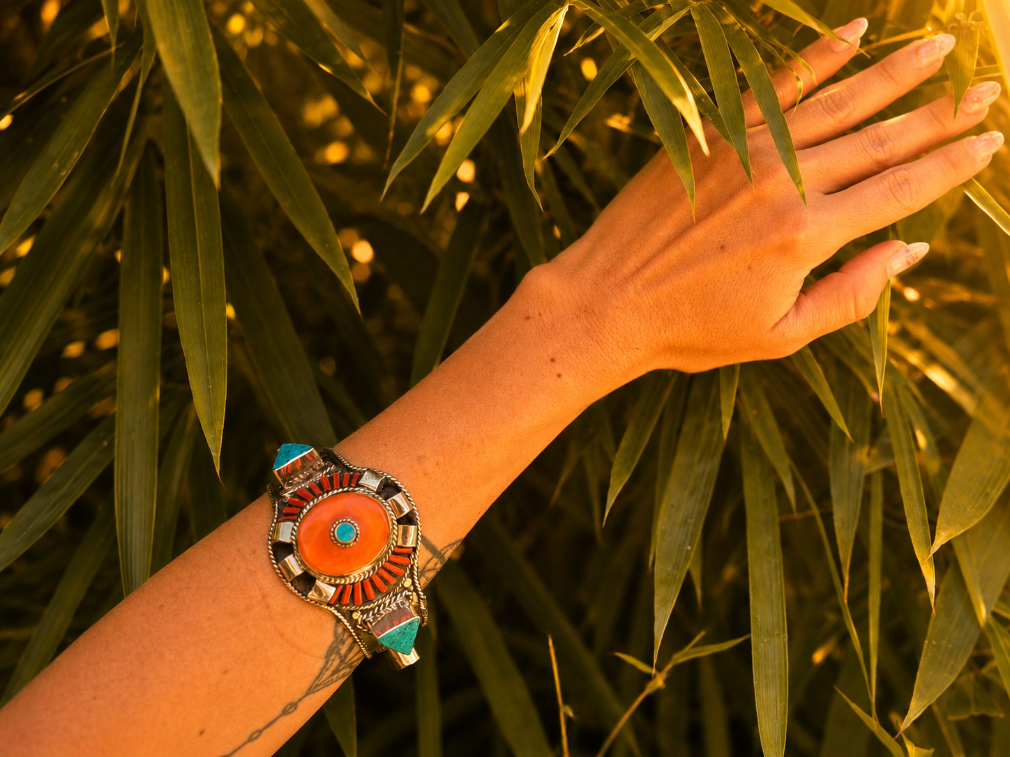 Desert Sun Cuff Turquoise Orange Red Inlay Boho Statement Bracelet Morocco