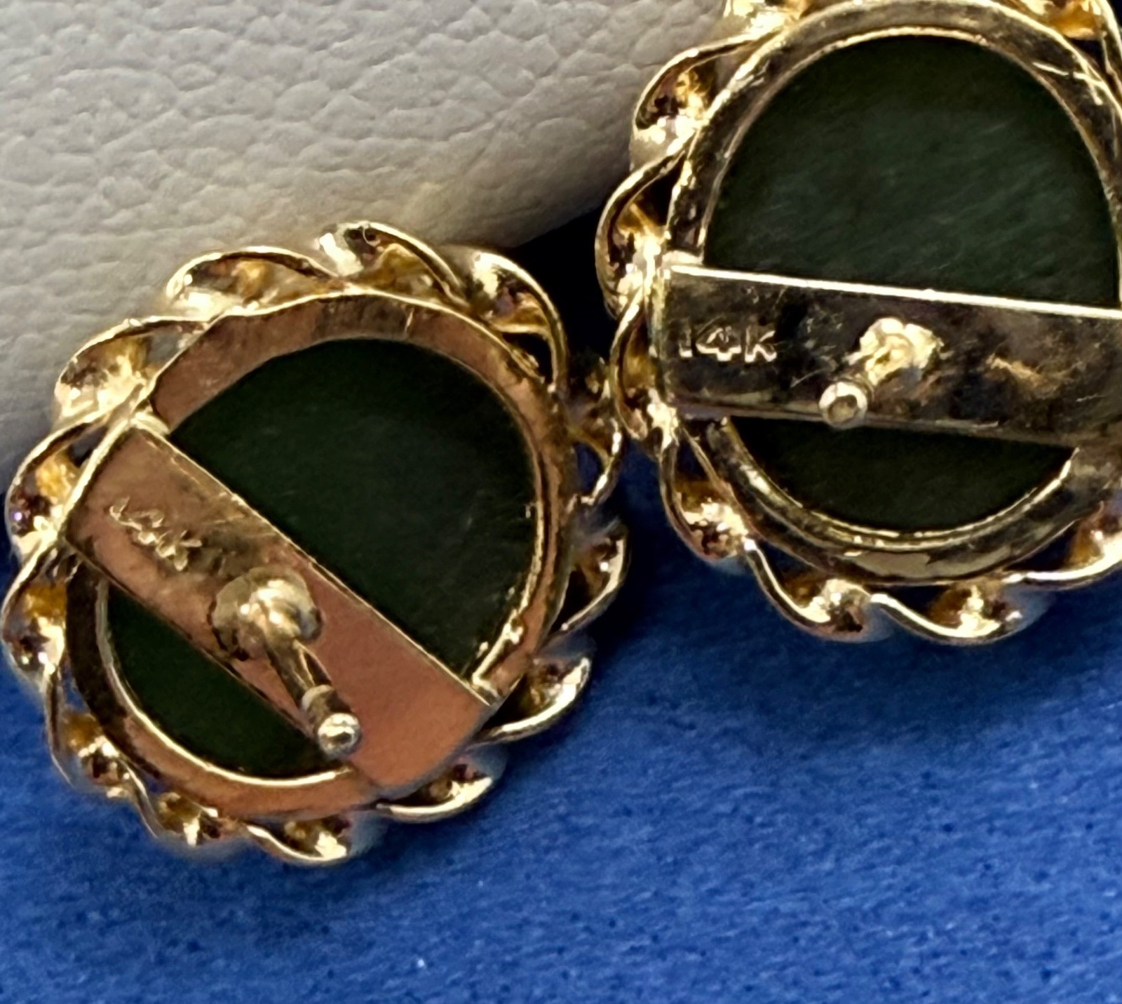 Vtg Stud Green Cabochons Earrings set in 14K Gold Intricate Twisted Prong Set…