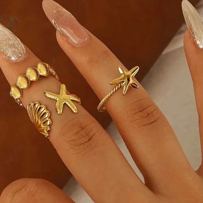 3Pcs Adjustable Stainless Steel Starfish Rings Set for Women Vintage Gold