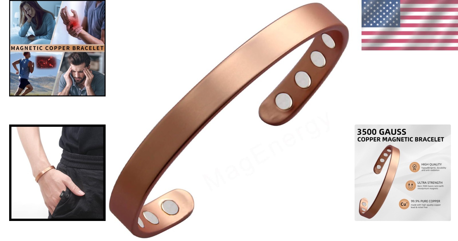 99.9% Pure Copper Magnetic Bracelet for Wellness – Adjustable Cuff 6.8 Inches