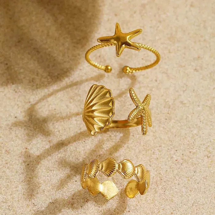 3Pcs Adjustable Stainless Steel Starfish Rings Set for Women Vintage Gold