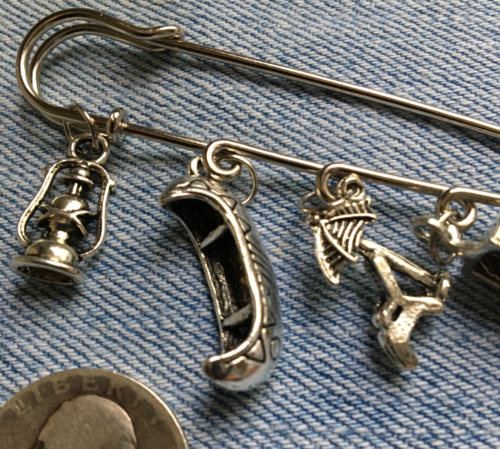 3″ BIG SAFETY PIN w/ CAMPING THEME CHARMS – Hanging Canoe Lantern VW w/ Trailer+