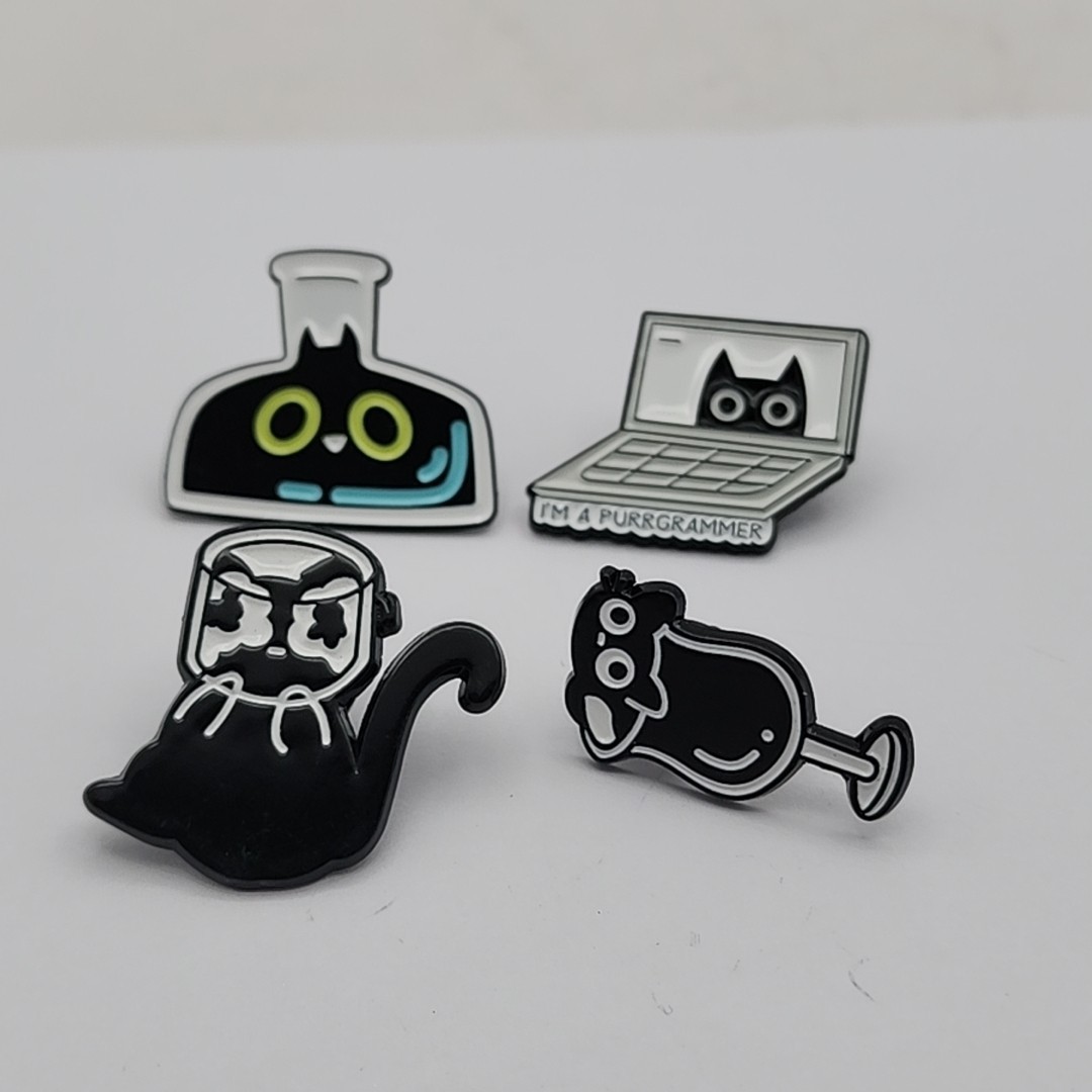 x4 Enamel Pin Black Cat Computer Wine Bottle Cute Kitten Funny Gift New