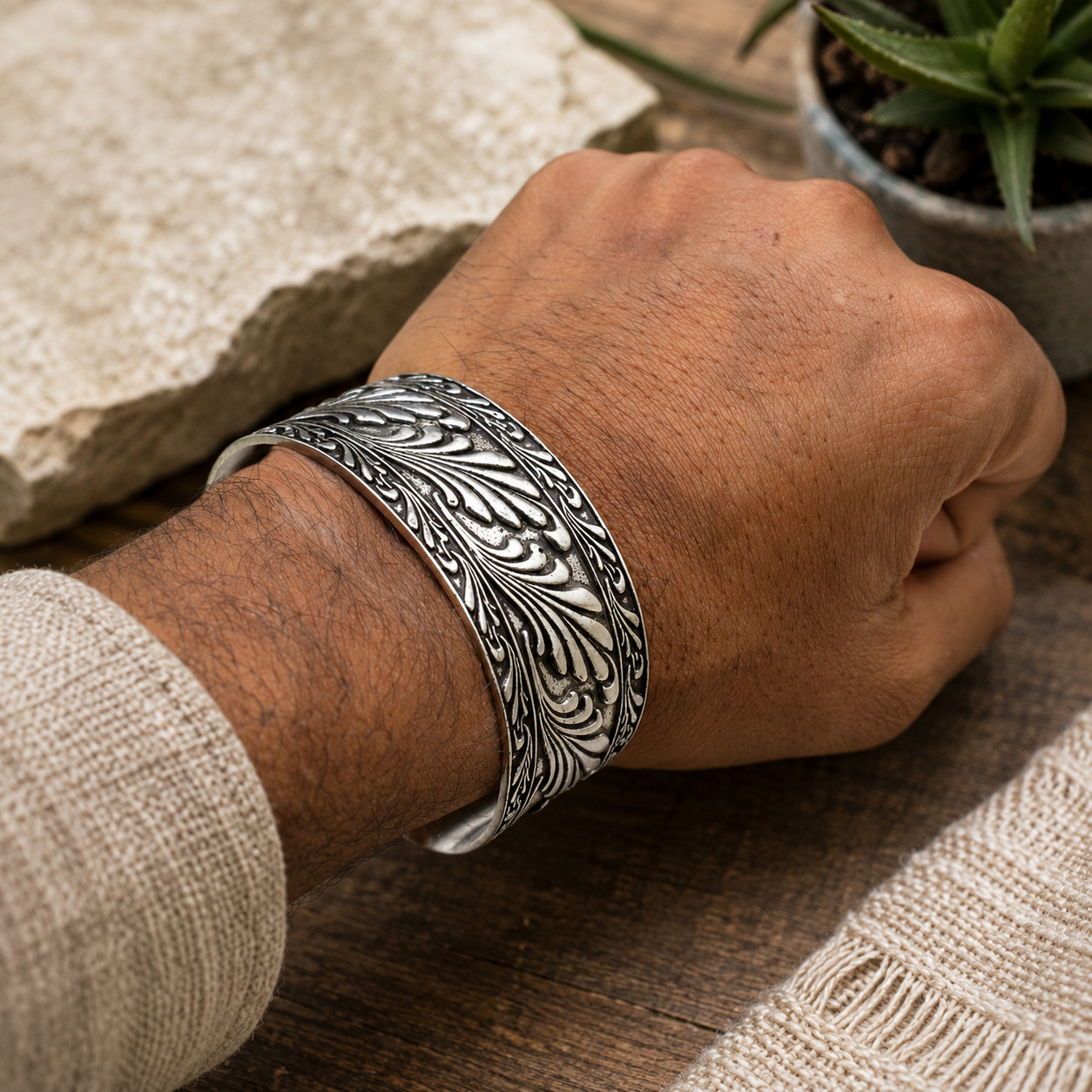 Handmade Vintage Sterling Silver Cuff Bangle – Adjustable 925 Silver Bracelet