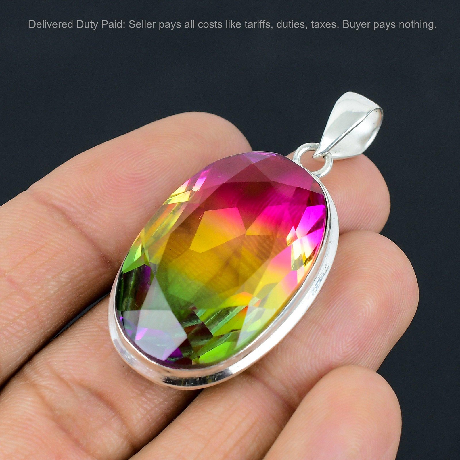 925 Silver Oval Multi Tourmaline Gemstone Elegant Mother Engagement Boho Pendant
