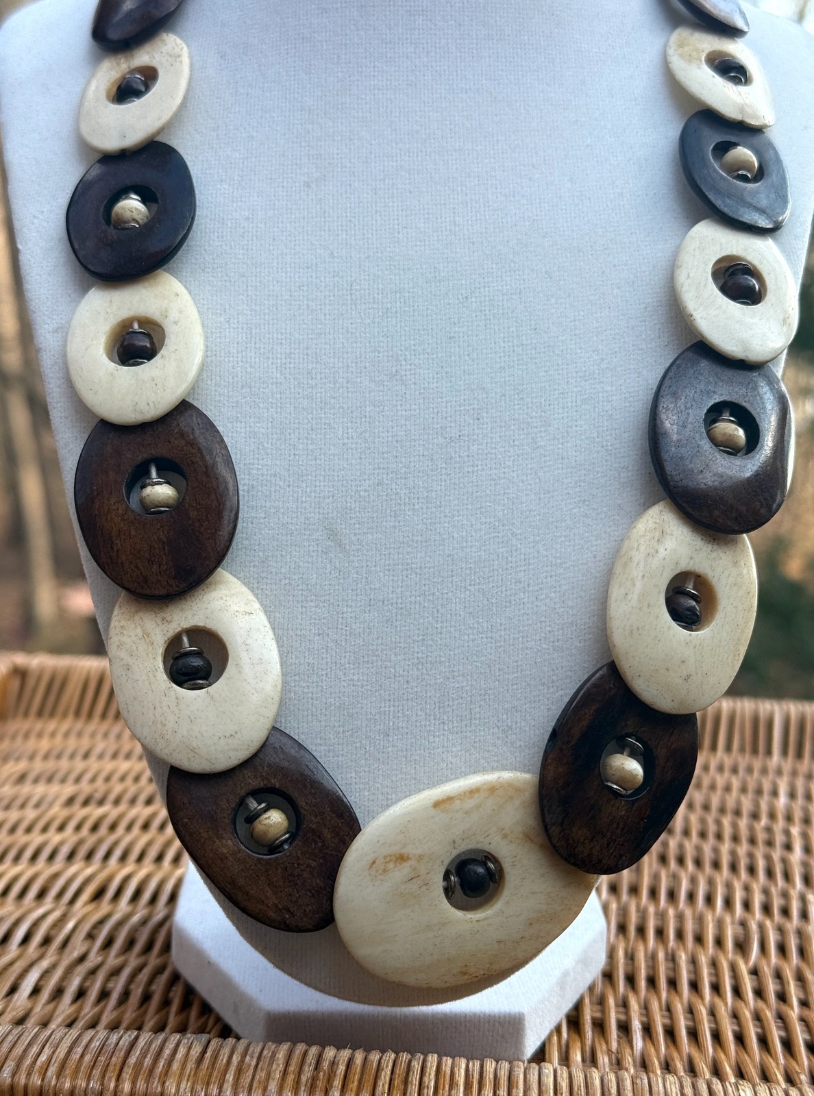 Vintage Nubian Organic Wood Carved Beaded Necklace Ivory Brown Statement