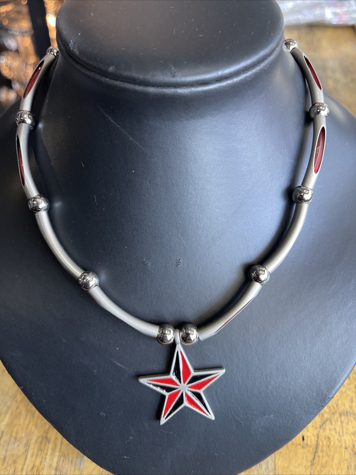 Retro Punk Red & Black Nautical Star Chocker Necklace: Adjustable To 18” Quality