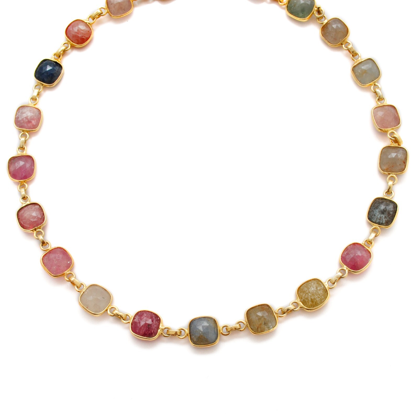 Multi Sapphire Bezel Setting Cushion Gold Plated Necklace Sapphire Necklace