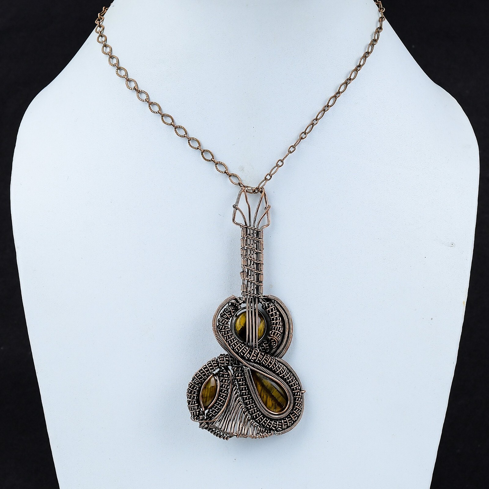 Tiger’S Eye Copper Gift For Friend Wire Wrapped Guitar Pendant 4.06″