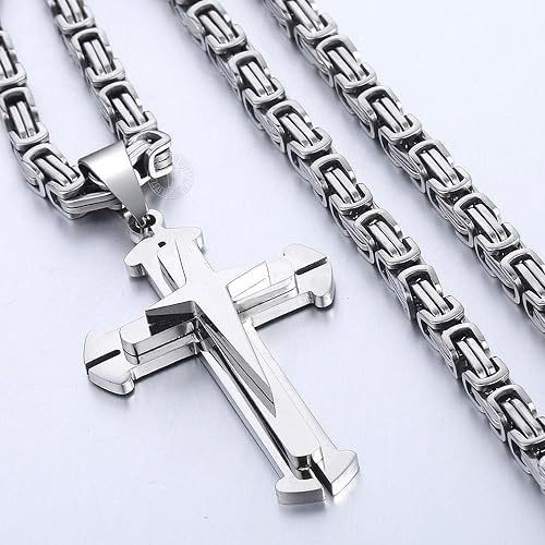 Men’s Heavy Solid Christian Cross Pendant Necklace Three Layer Stainless Steel