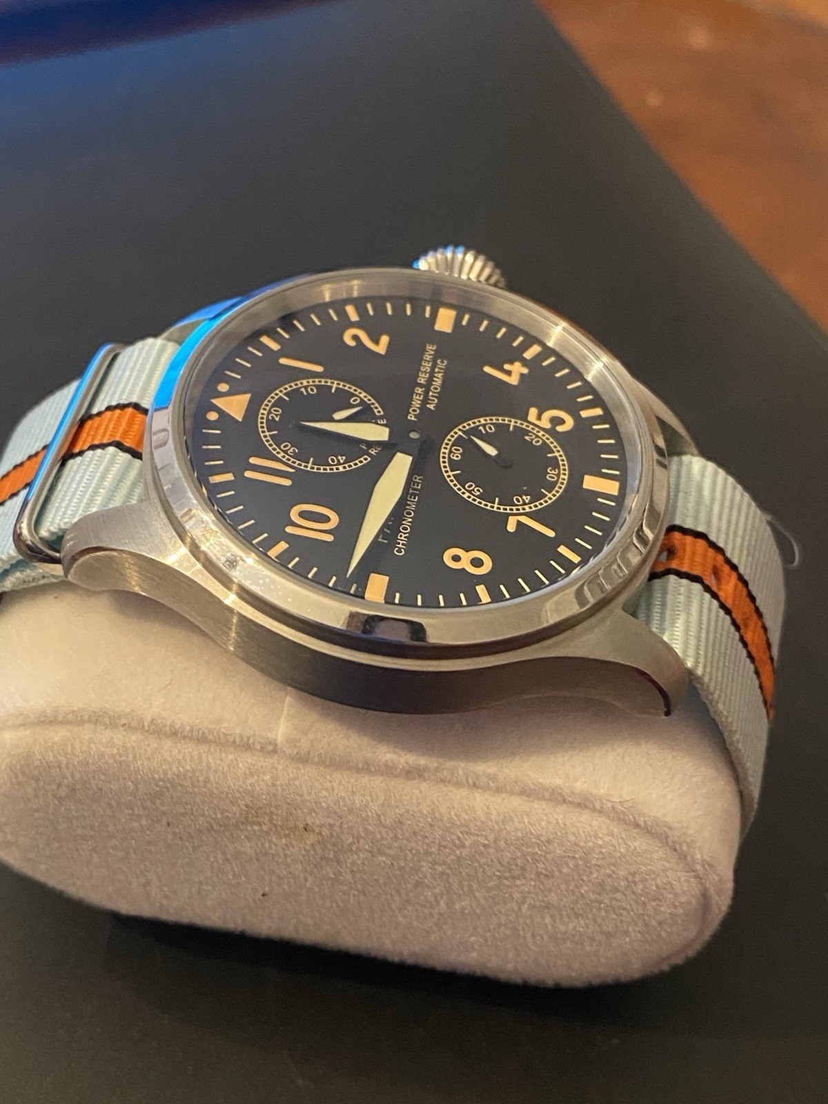 Automatic Power Reserve Pilot Watch Blue Dial Exhibition Caseback Nylon Strap