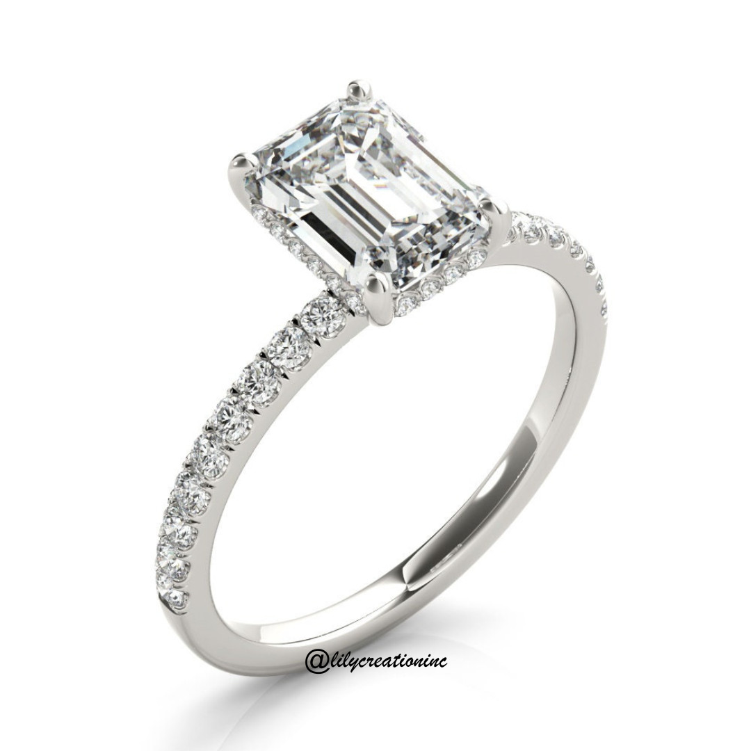 3Ct Emerald IGI Certified Lab Grown Diamond Engagement Ring Pavé Prong Platinum
