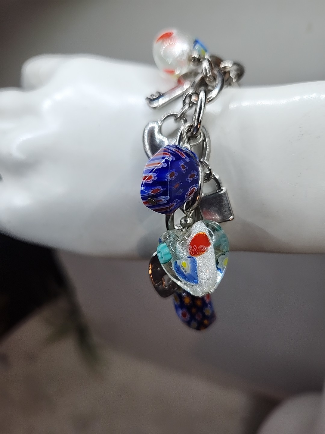 Vintage Murano Glass & Millefiori 8 Heart Charm Bracelet 7-9″ Adjustable