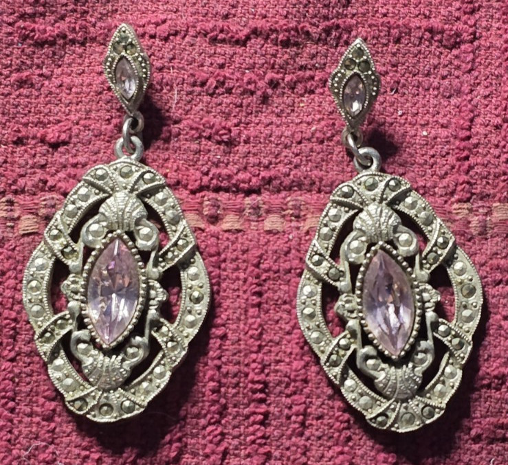Vtg Art Deco Marcasite & Amethyst Tone Gorgeous Pierced Dangle 2.25″ Earrings
