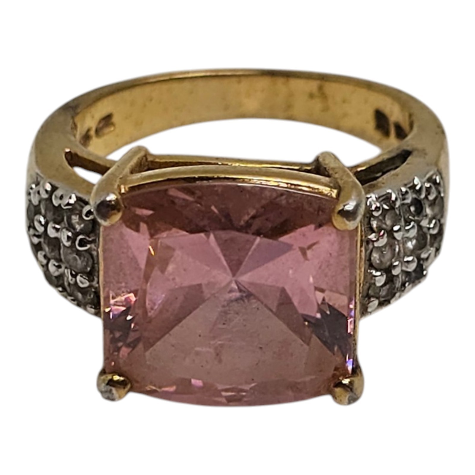 Sterling Silver 925 Ring Large Square Pink Gem Size 6.75 7.69g Gold Tone