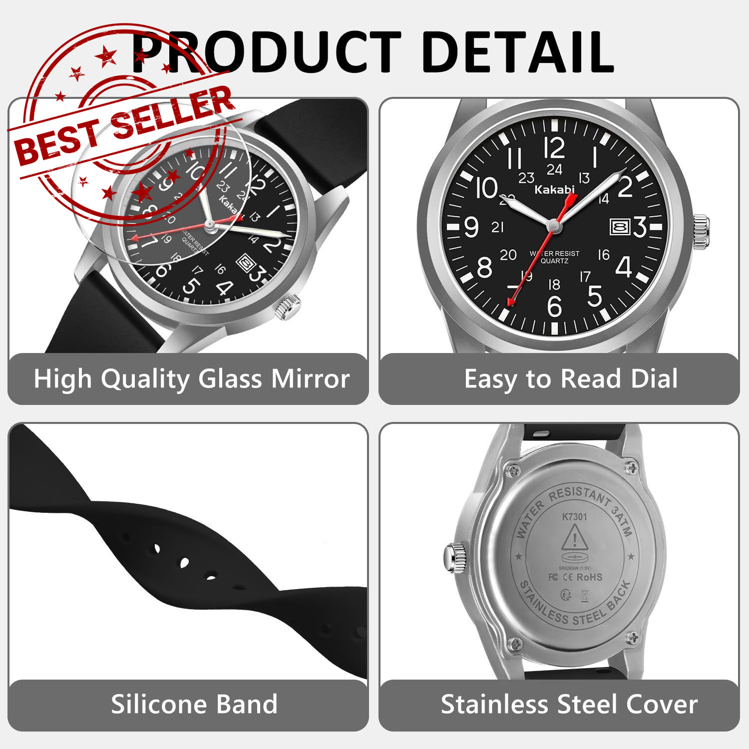 Kakabi Men’s Easy to Read Watch, Unisex Military Sport Analog 011-SilverBlack