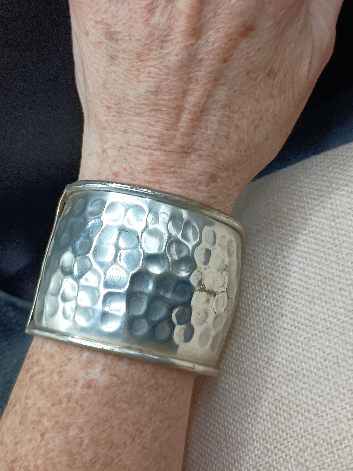 Mens Cuff Bracelet Hammered Silver Tone Open Bangle Wide 2.25” Size 7-9 Adjusts