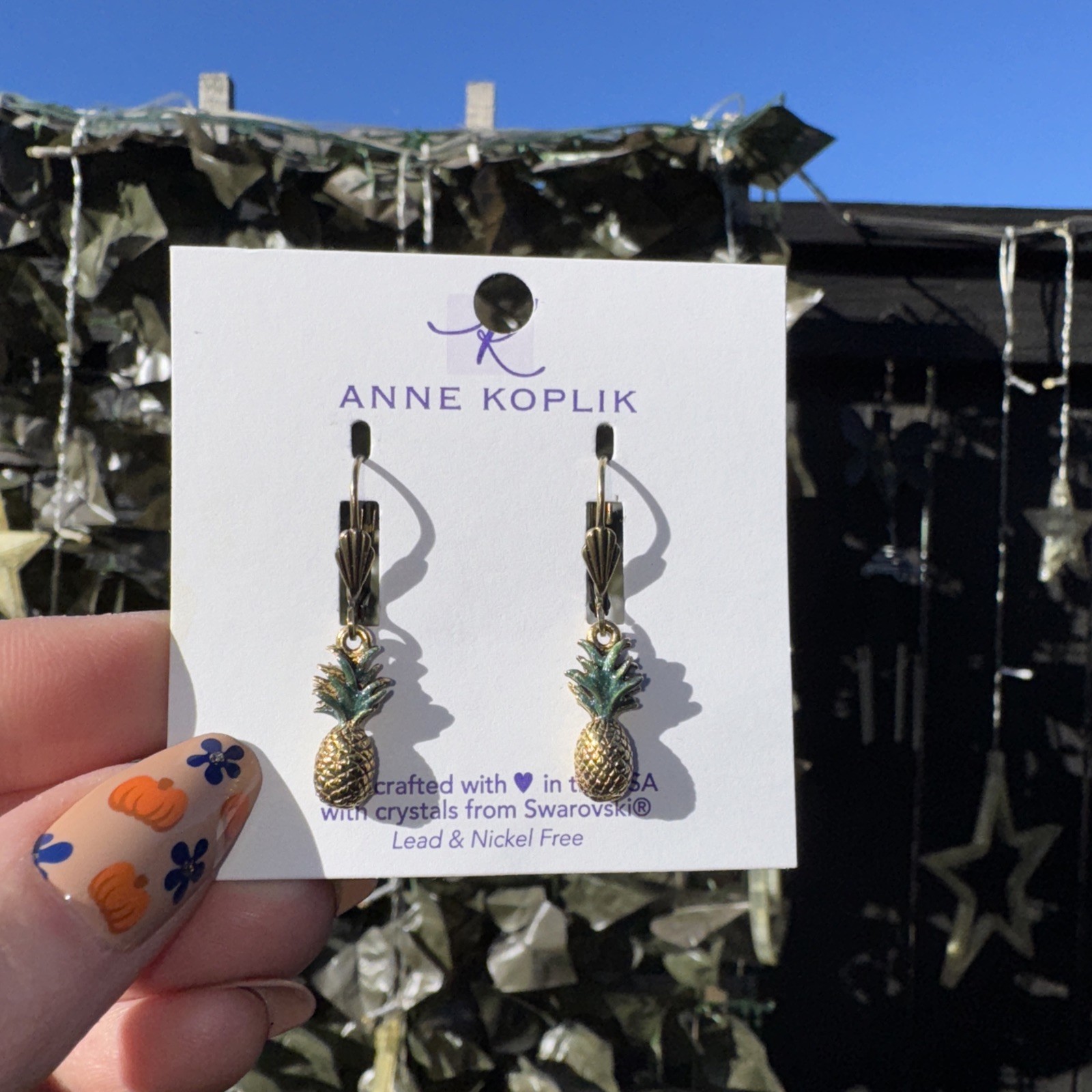 Anne Koplik Pineapple Dangle Earrings Gold USA made lead and nickel free nwt