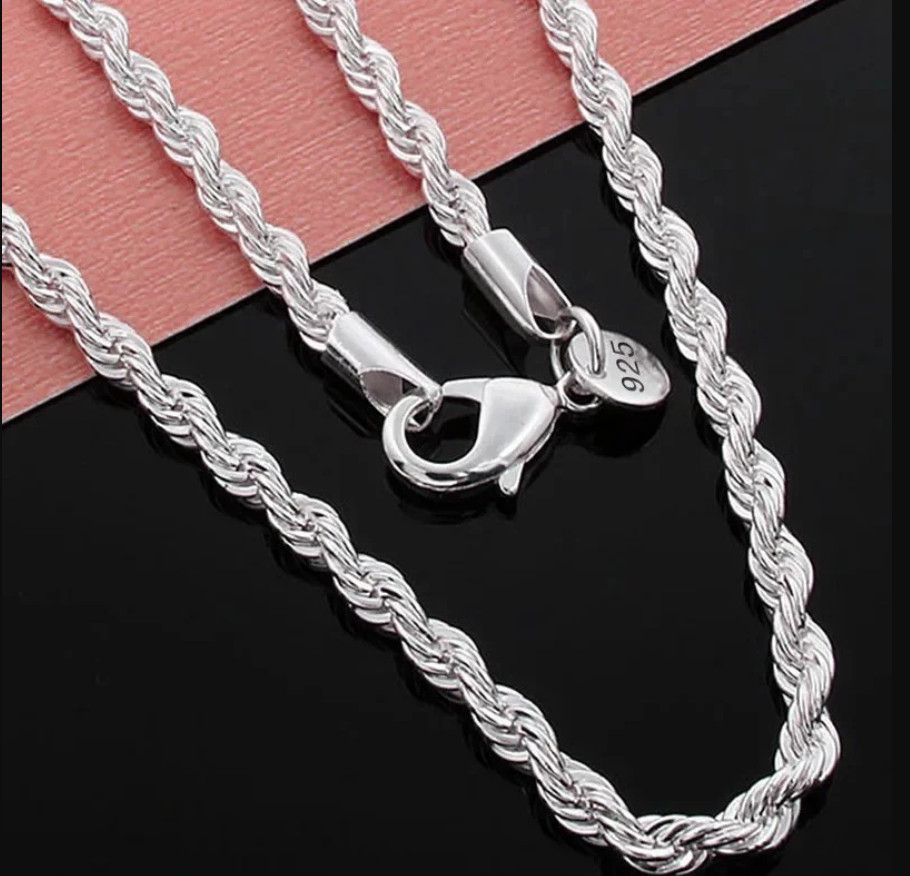 925 Sterling Silver 4MM Rope Chain Necklace for Men Women Gift Jewelry