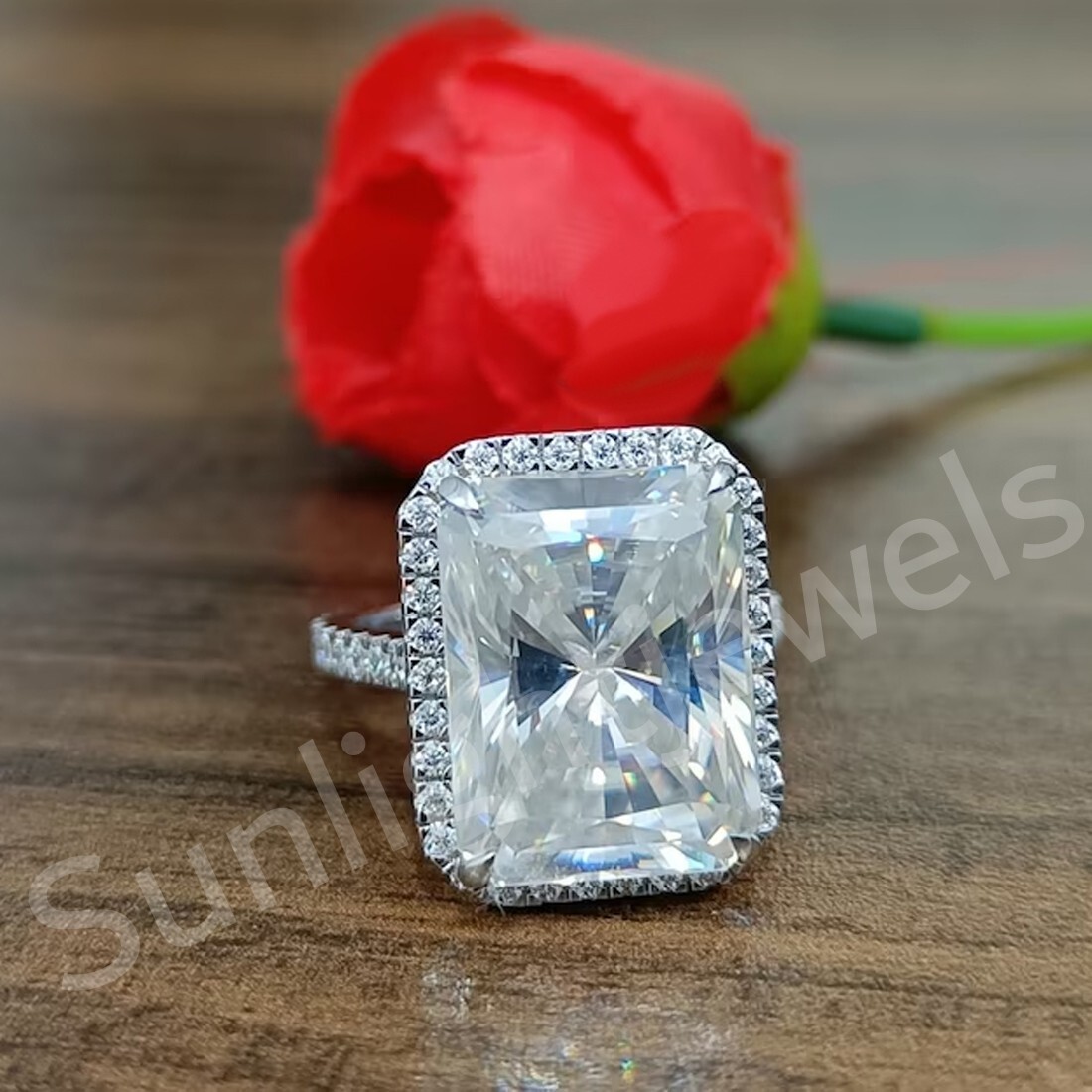 RARE 20.00 Ct Certified Radiant Cut Off White Diamond 925 Silver Ring Treated
