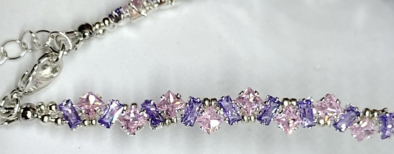 7-inch Bracelet Angle Stack – 3mm Pink SQUARE-2x4mm Purple Rectangle Prong-Set