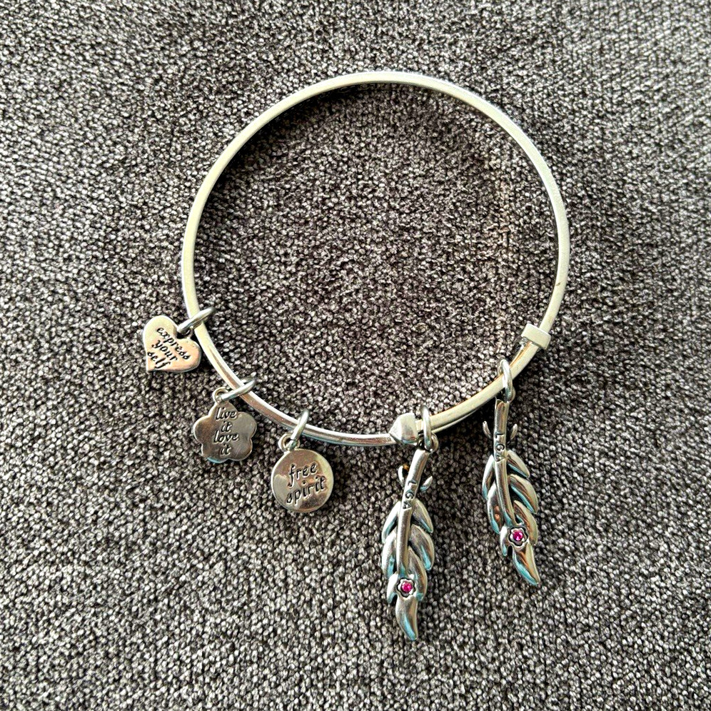 LOLO by Lauren G Adams Silver Tone Wire Bangle Charm Bracelet Feather Dangles