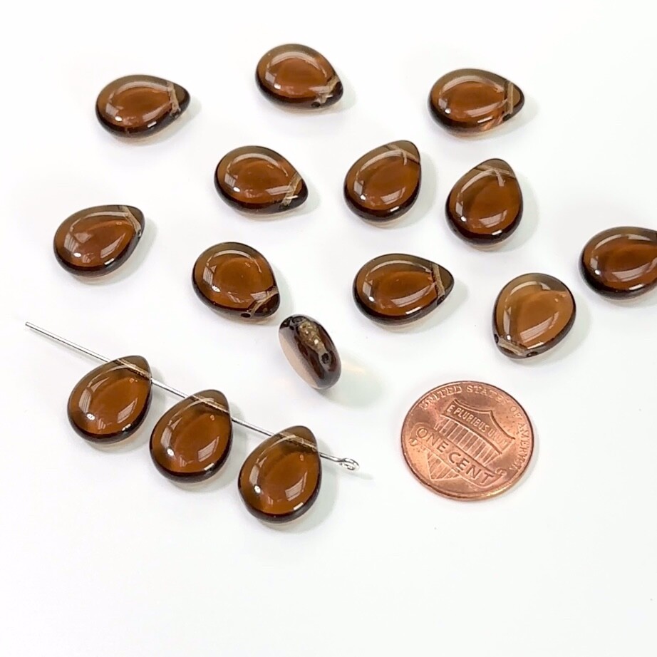 Czech Druk Glass Beads, Teardrop Petal Top Hole Across 16x12mm Smoked Topaz 15pc