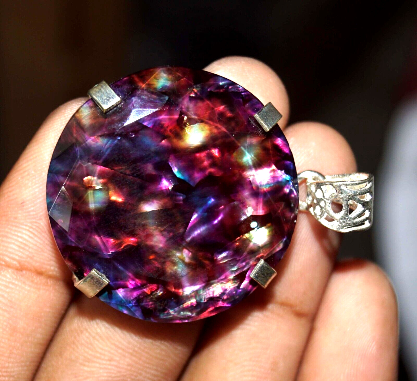Certified 80.85 Ct Natural Ammolite 925 Silver Round Cut Pendant Loose Gemstone