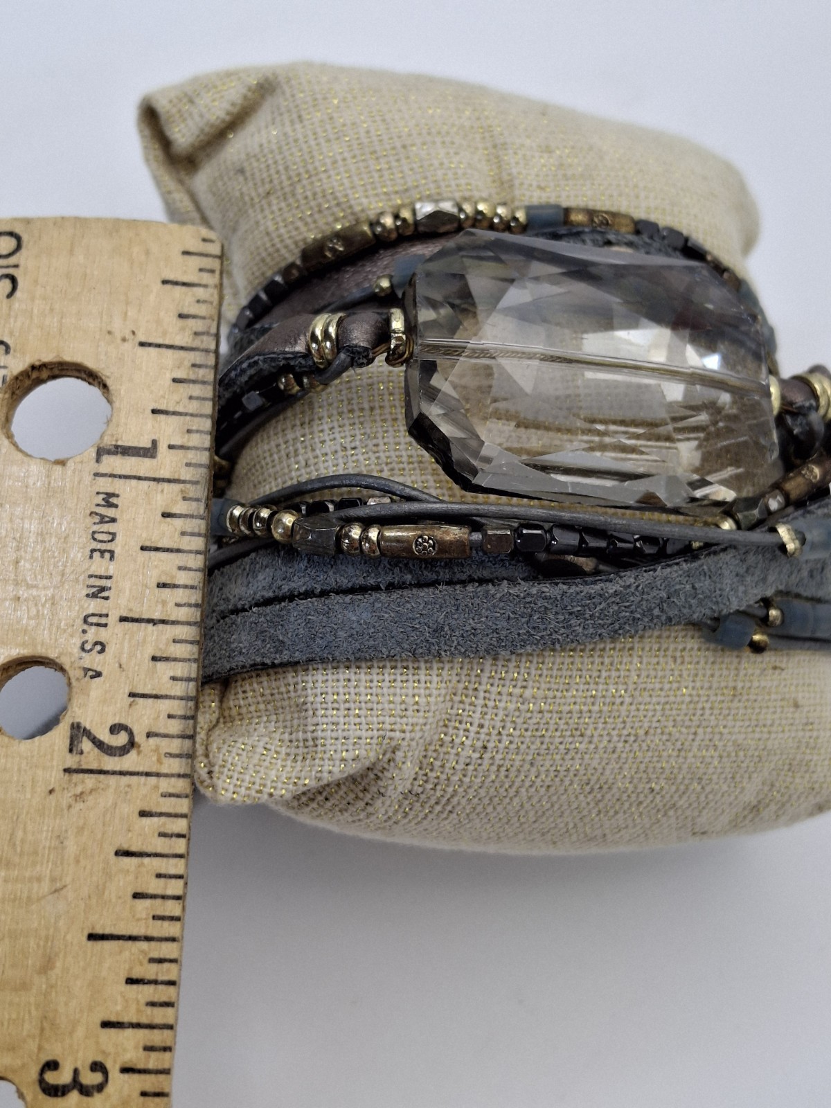 Nakamol Beaded Wrap Bracelet with Smokey Faceted Crystal focal gray leather
