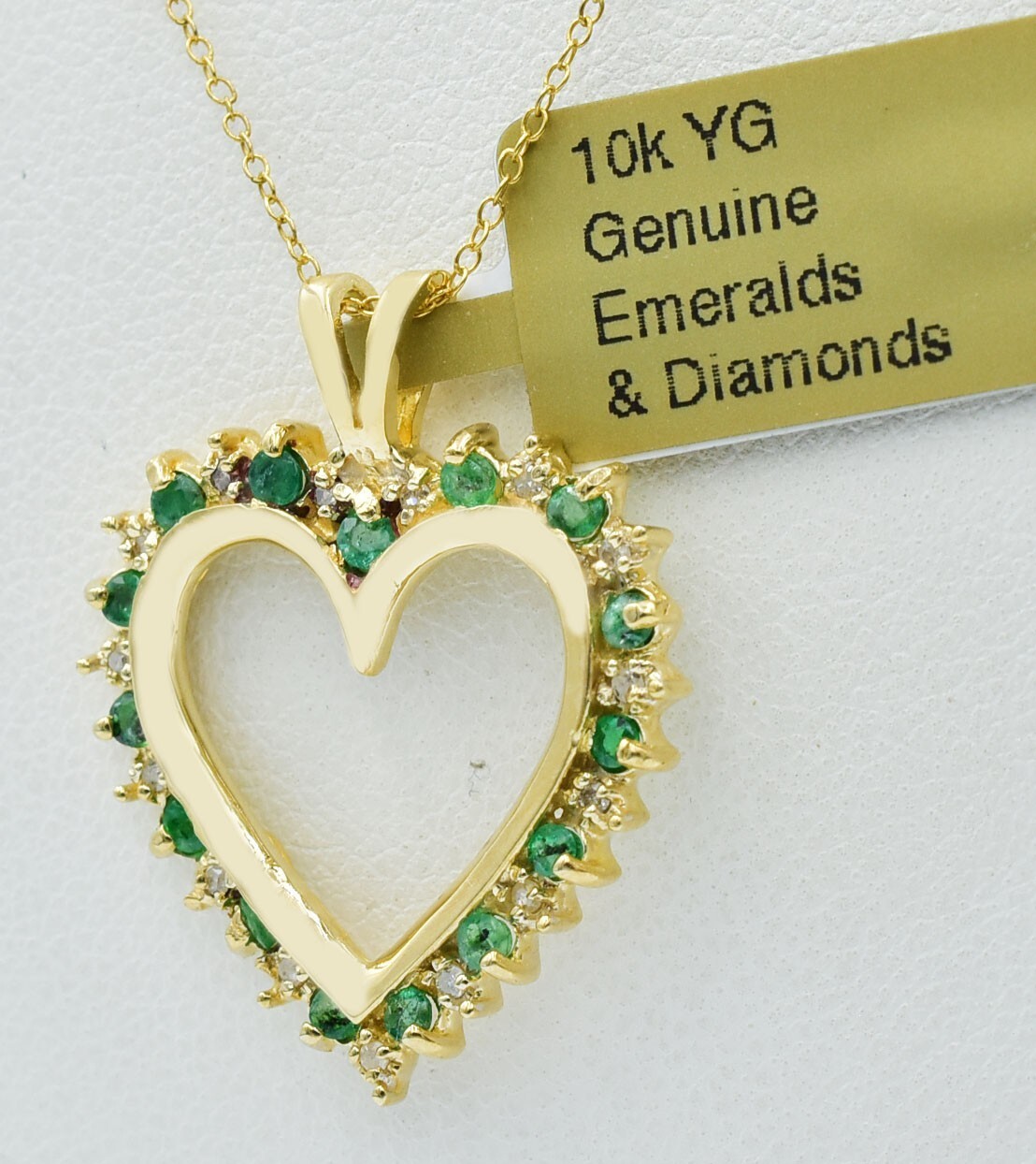 GENUINE 0.45 Cts EMERALD & DIAMOND HEART PENDANT 10k GOLD – New With Tag
